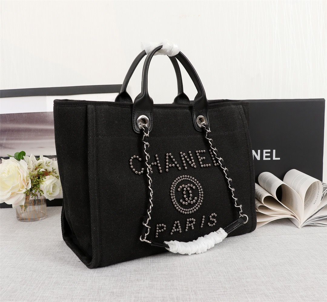 Ch**el Large Deauville Pearl Tote Bag Black For Women 15in/38cm A66941