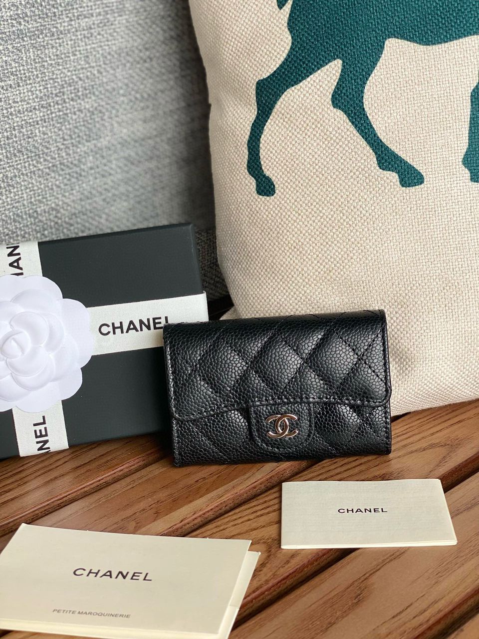 Ch**el Classic Card Holder Silver Black For Women, Women’s Wallet 4.5in/11.5cm