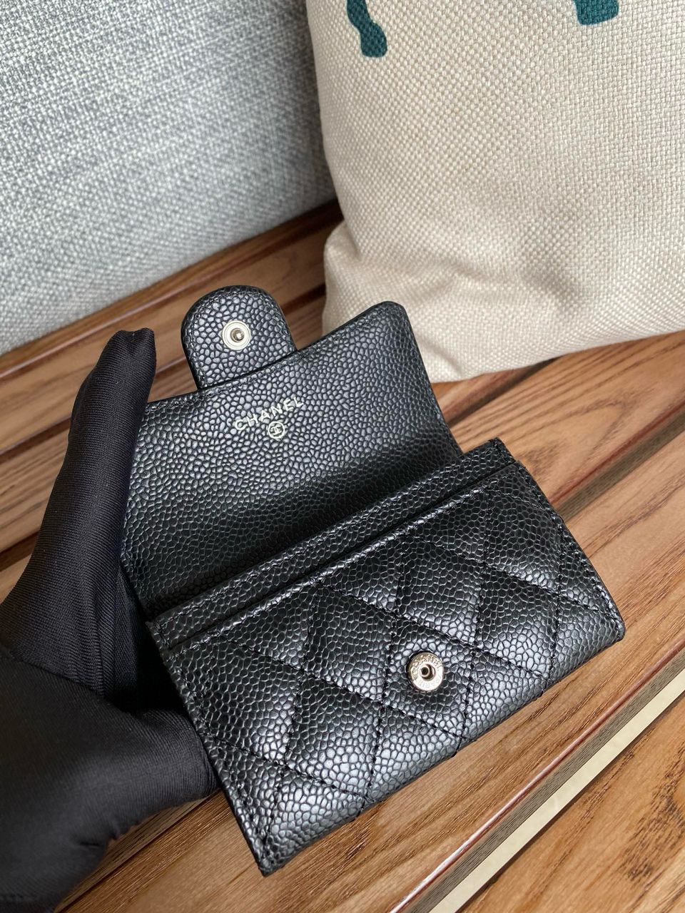 Ch**el Classic Card Holder Silver Black For Women, Women’s Wallet 4.5in/11.5cm