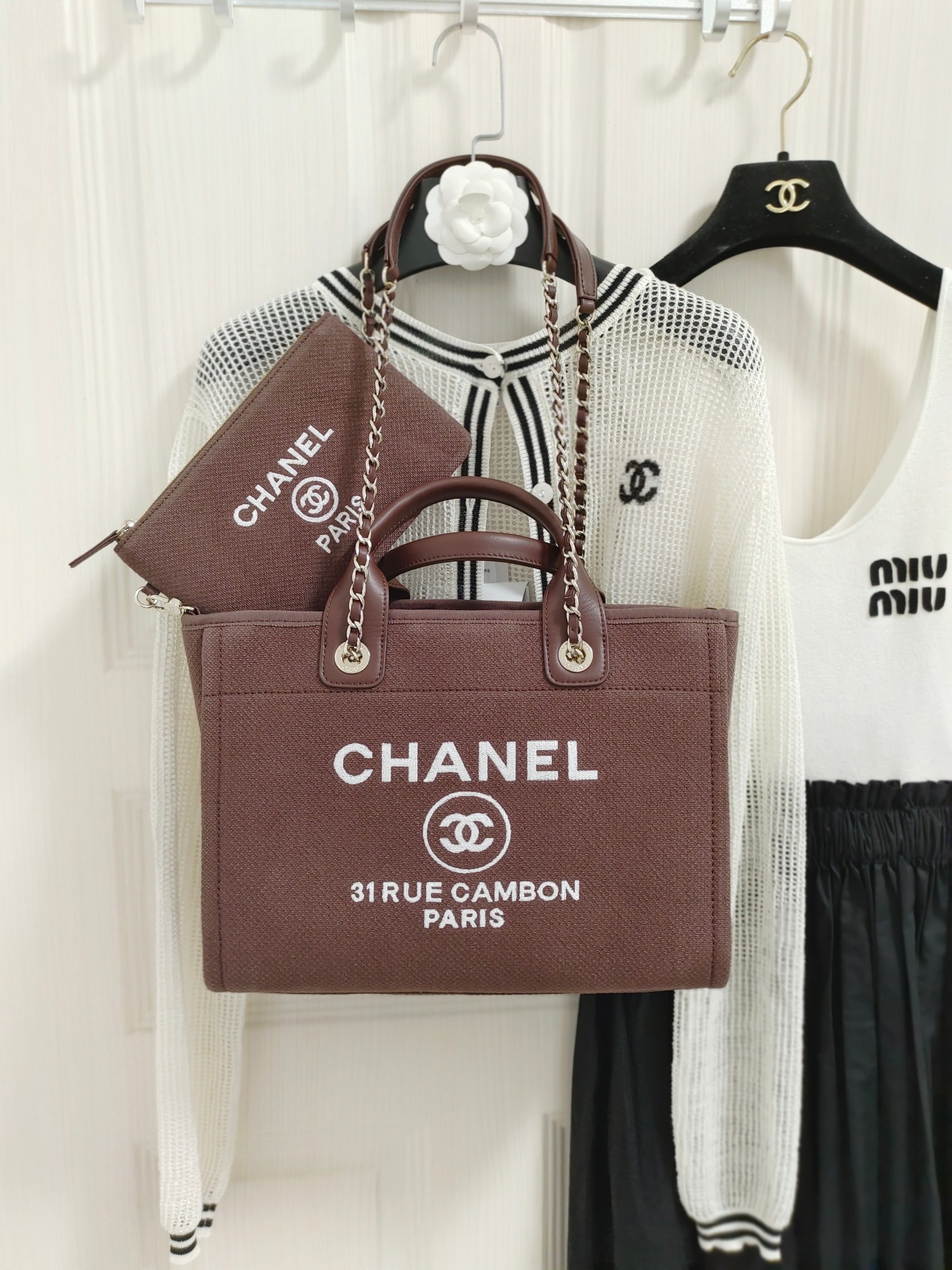 Ch**el Deauville Tote Bag Pouch Burgundy For Women 34cm / 13.39in