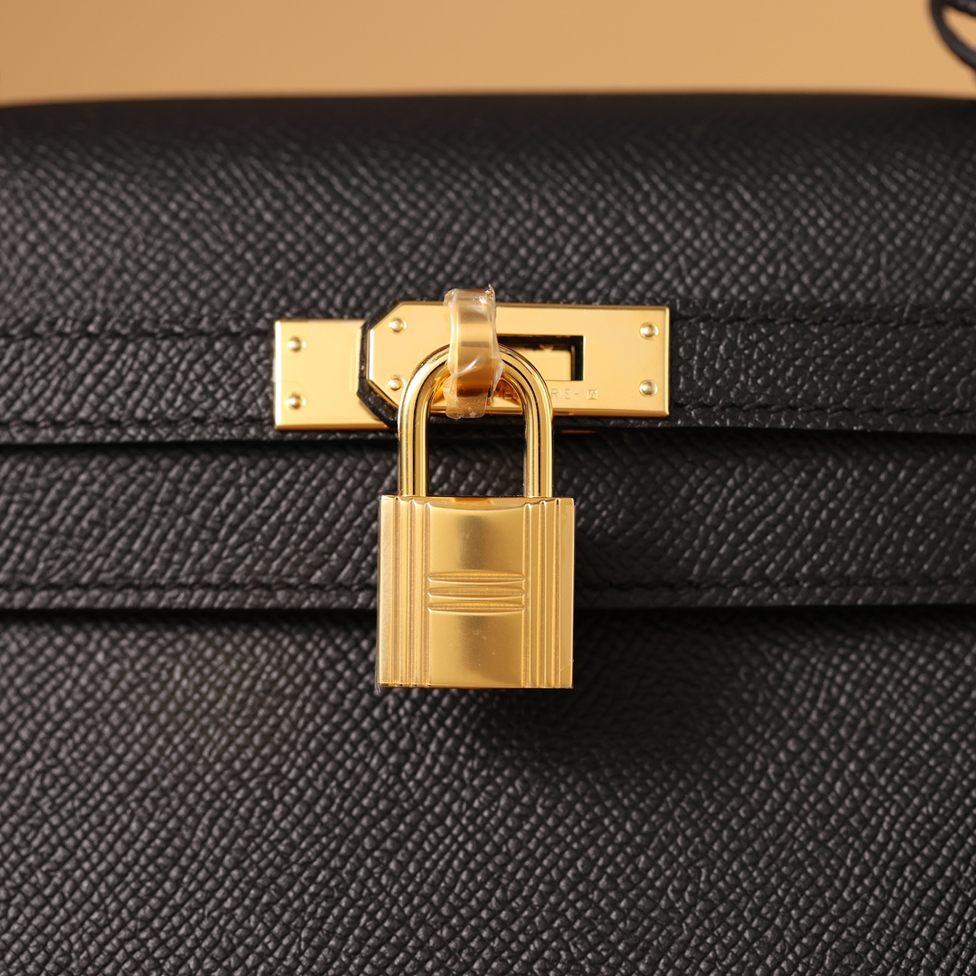 H**me5 Kelly Epsom Gold Tone Lock Bag Black For Women 9,8in/25cm