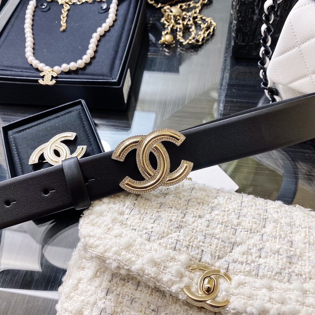 Ch**el Mini Stone Interlocking C Buckle Belt Black For Women