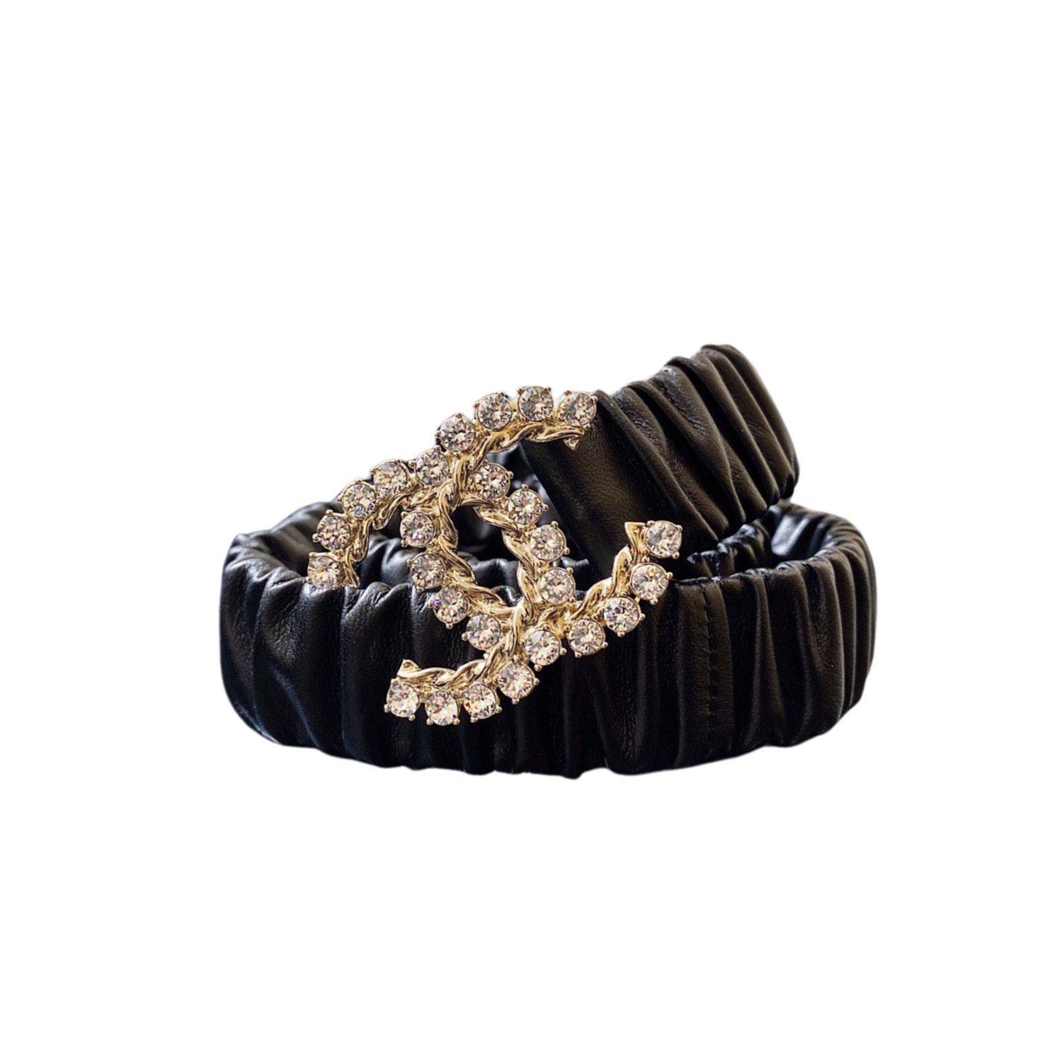 Ch**el Twinkle Stone Interlocking C Buckle Belt Black For Women