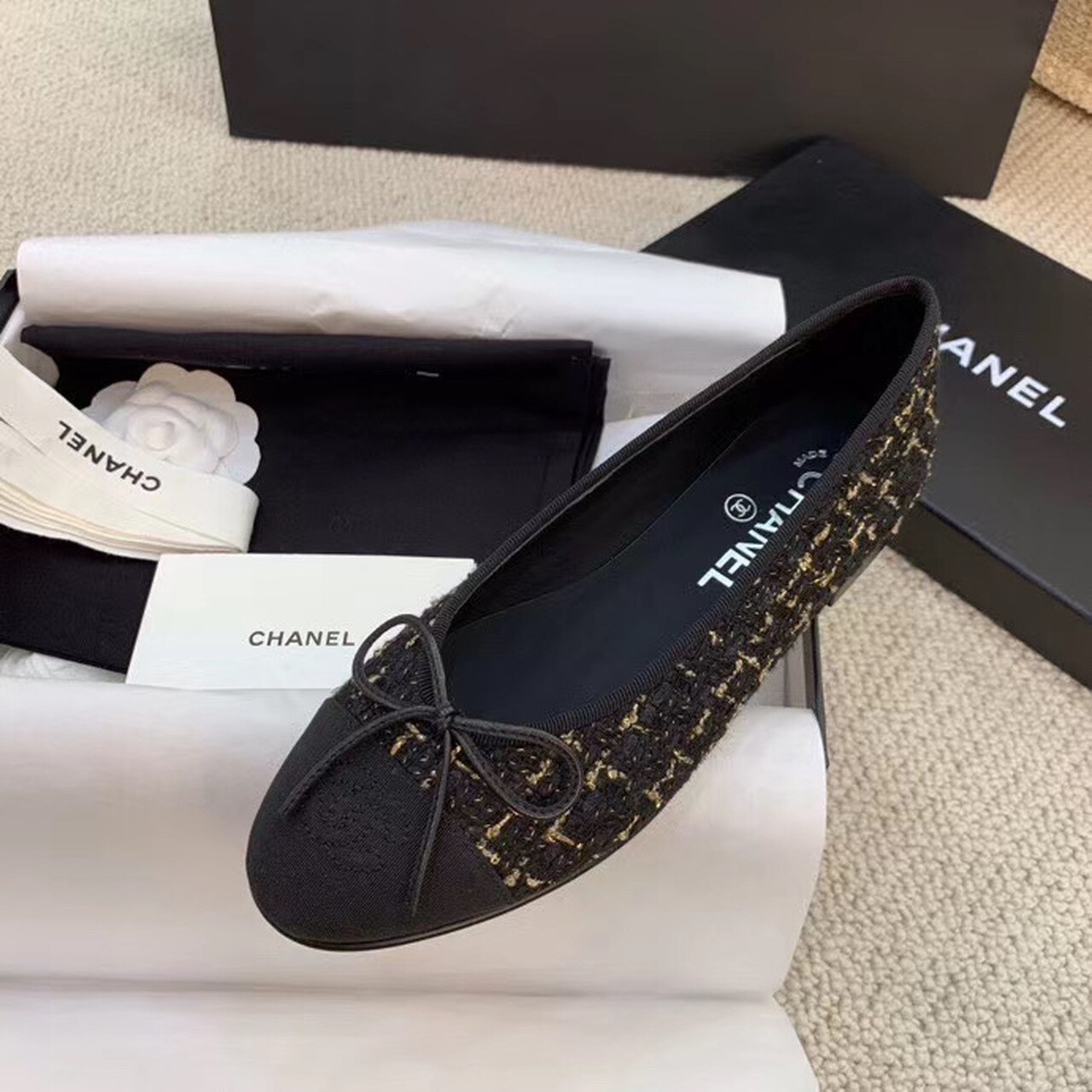 Ch**el Ballerina Flats Tweed Black/Gold For Women, Women’s Shoes G02819 K4311