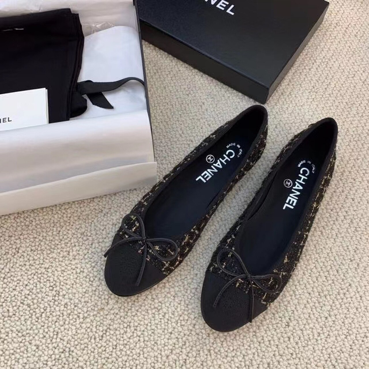 Ch**el Ballerina Flats Tweed Black/Gold For Women, Women’s Shoes G02819 K4311