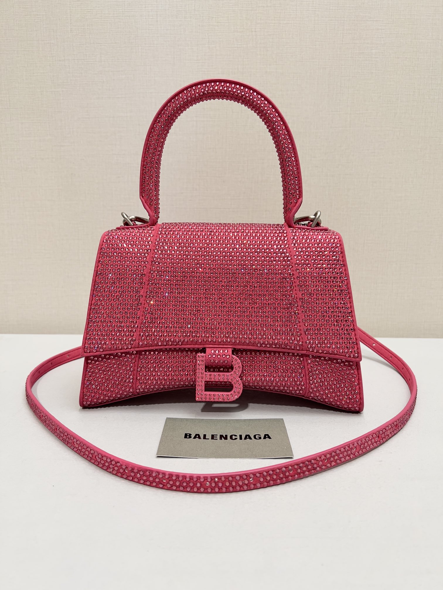 [True-to-ORIGINAL] Ba1en*iaga Furry Hourglass Small Handbag With Rhinestones In Pink For Women 24cm/9.4in