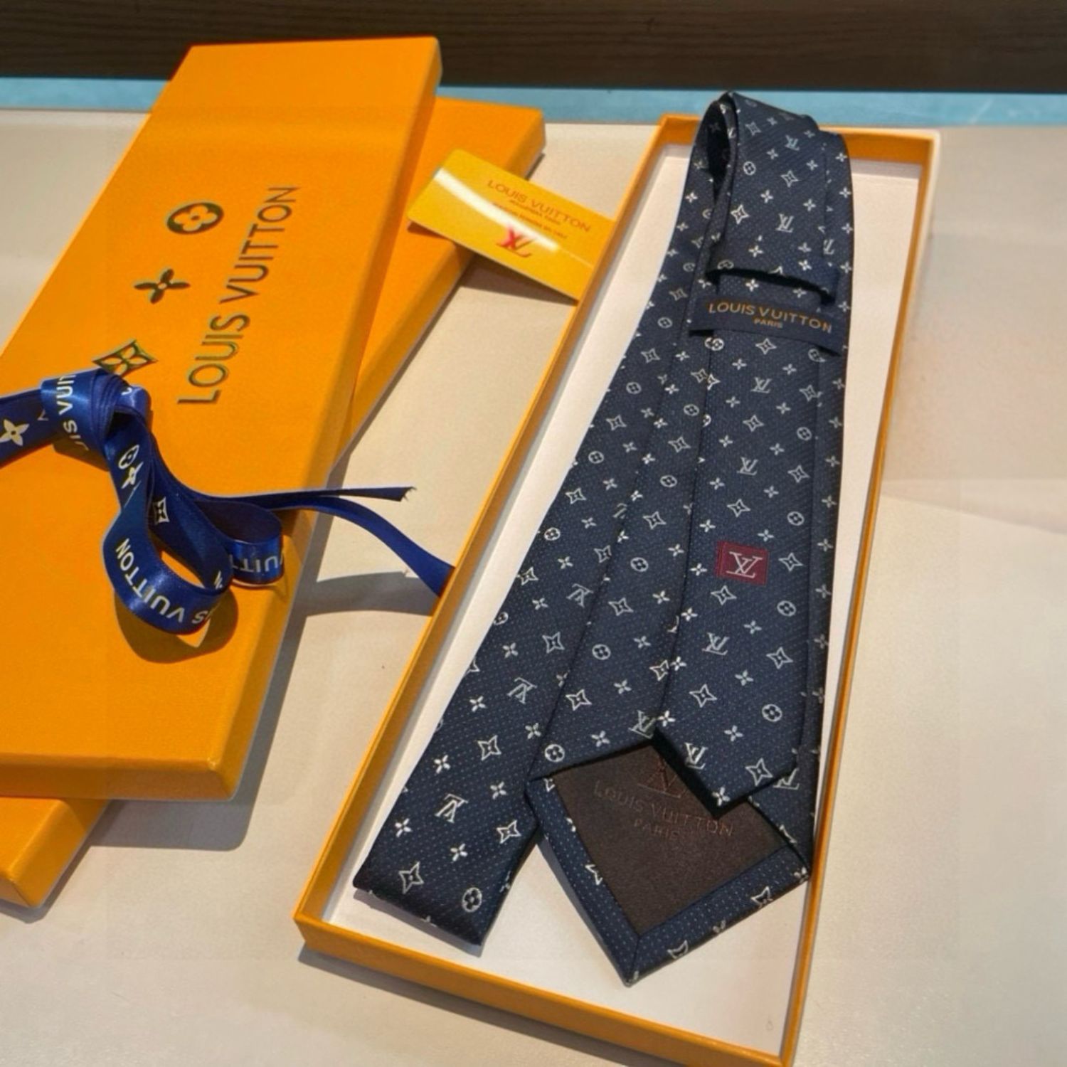 L0vis Vvtt0n Signature Monogram Silk Tie Deep Blue For Men