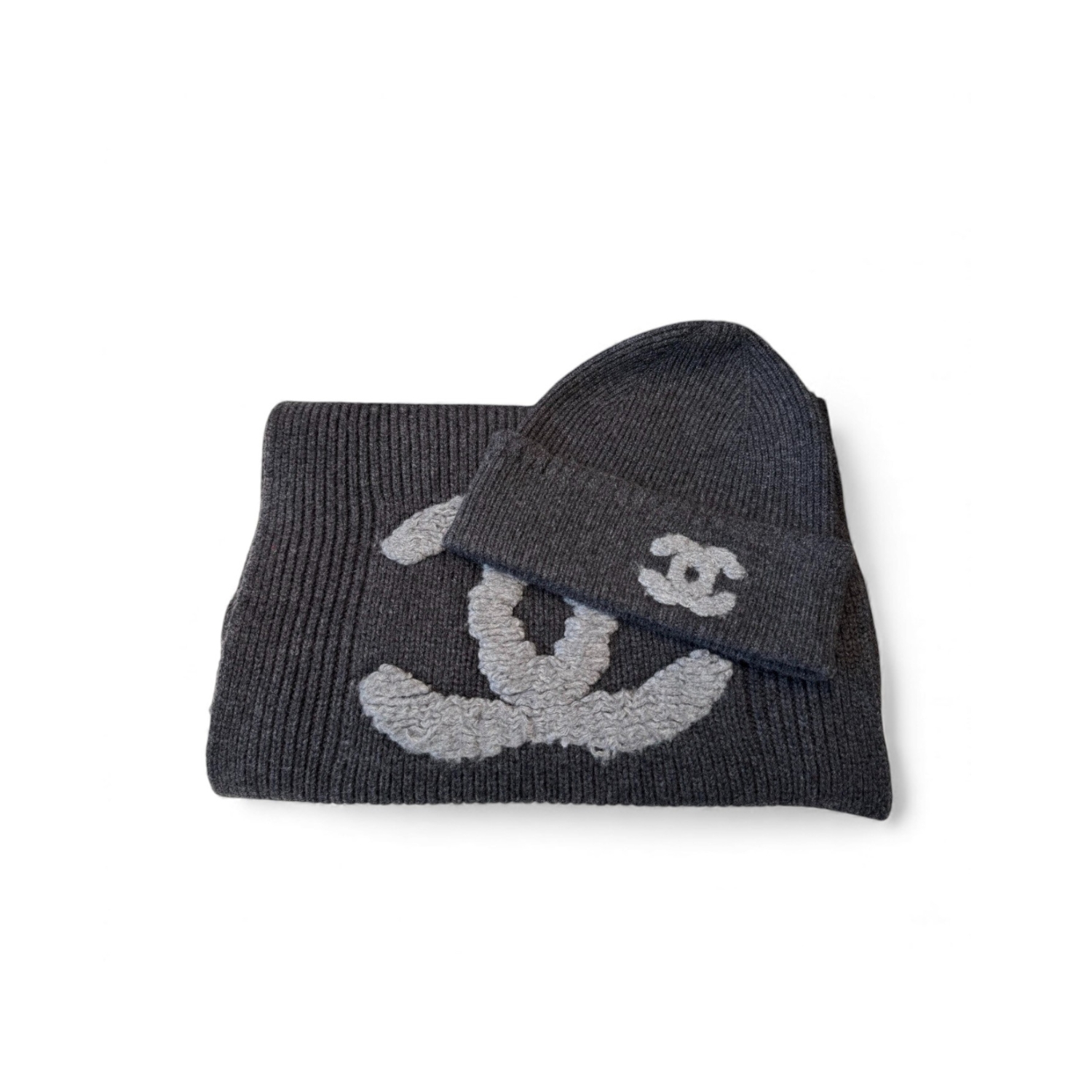 Ch**el CC Logo Scarf And Beanie Set In Dark Grey For Women