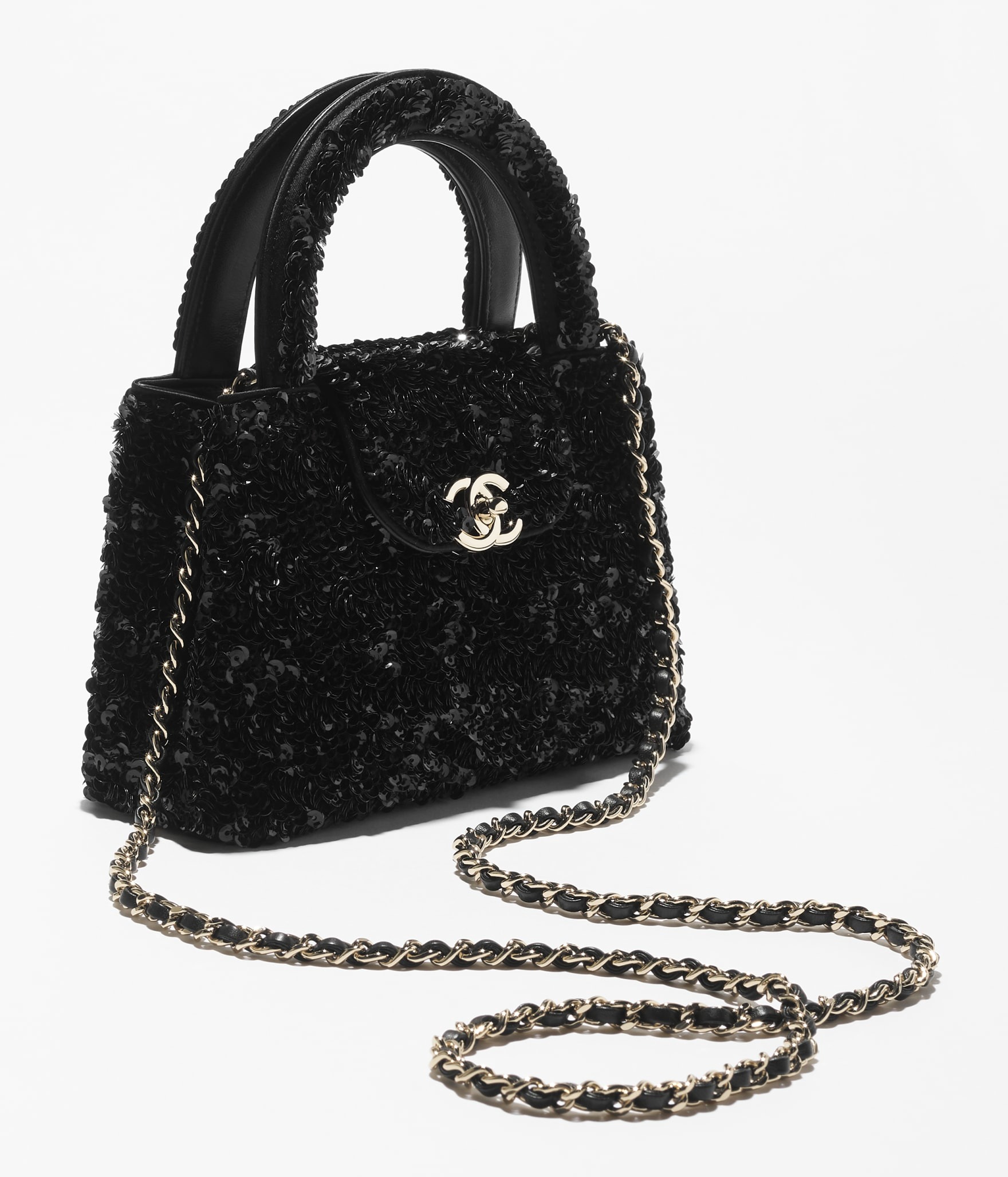 Ch**el Mini Shopping Bag Sequins Gold-Tone Metal Black For Women 19cm/7.5in – AS4416-B22757-94305