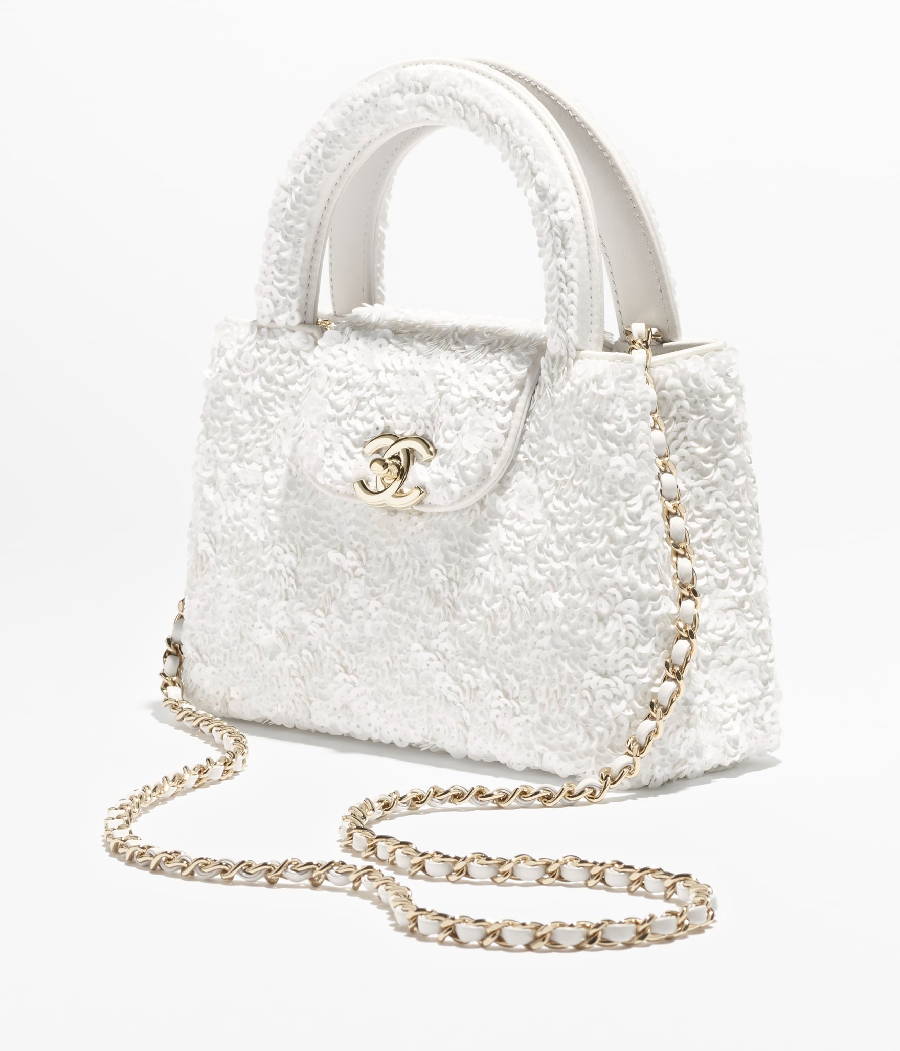 Ch**el Mini Shopping Bag Sequins Gold-Tone Metal White For Women 19cm/7.5in – AS4416-B22757-10601