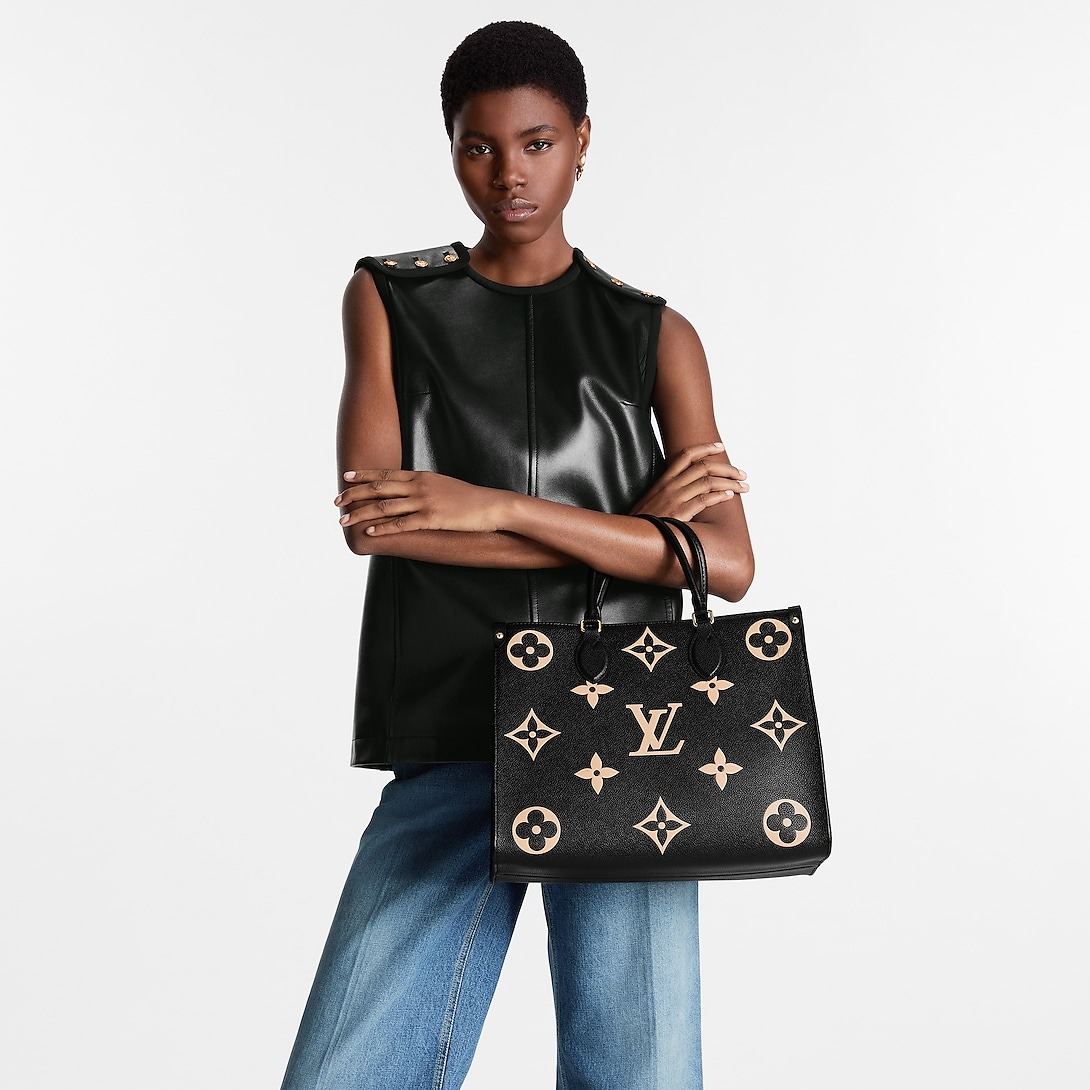 L0vis Vvtt0n OnTheGo MM Tote Bag 13.8in/ 35cm Black/Beige Gold Hardware For Women M45495