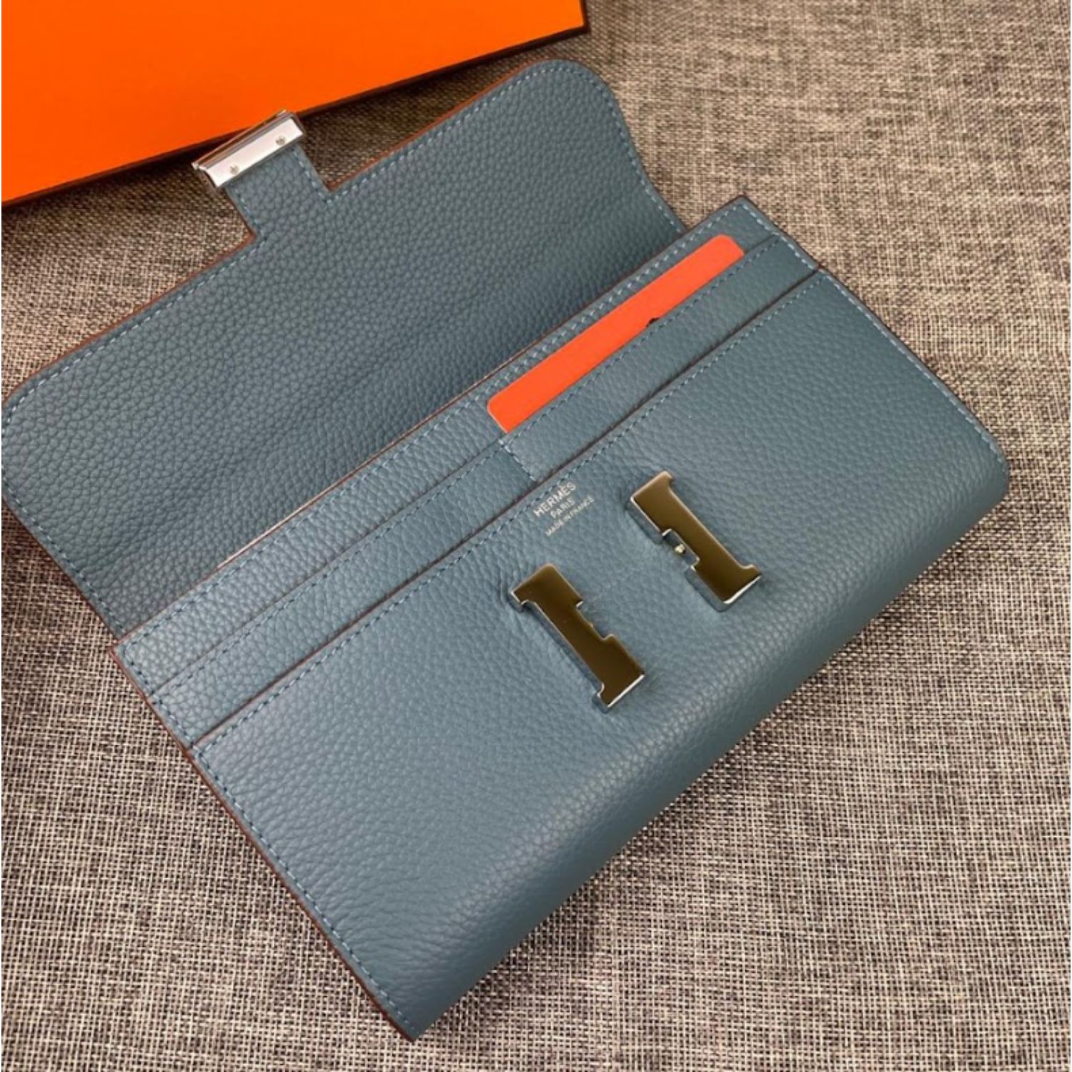 H**me5 Constance Togo Long Wallet 20cm/7.9in Silver Toned Hardware For Women Blue