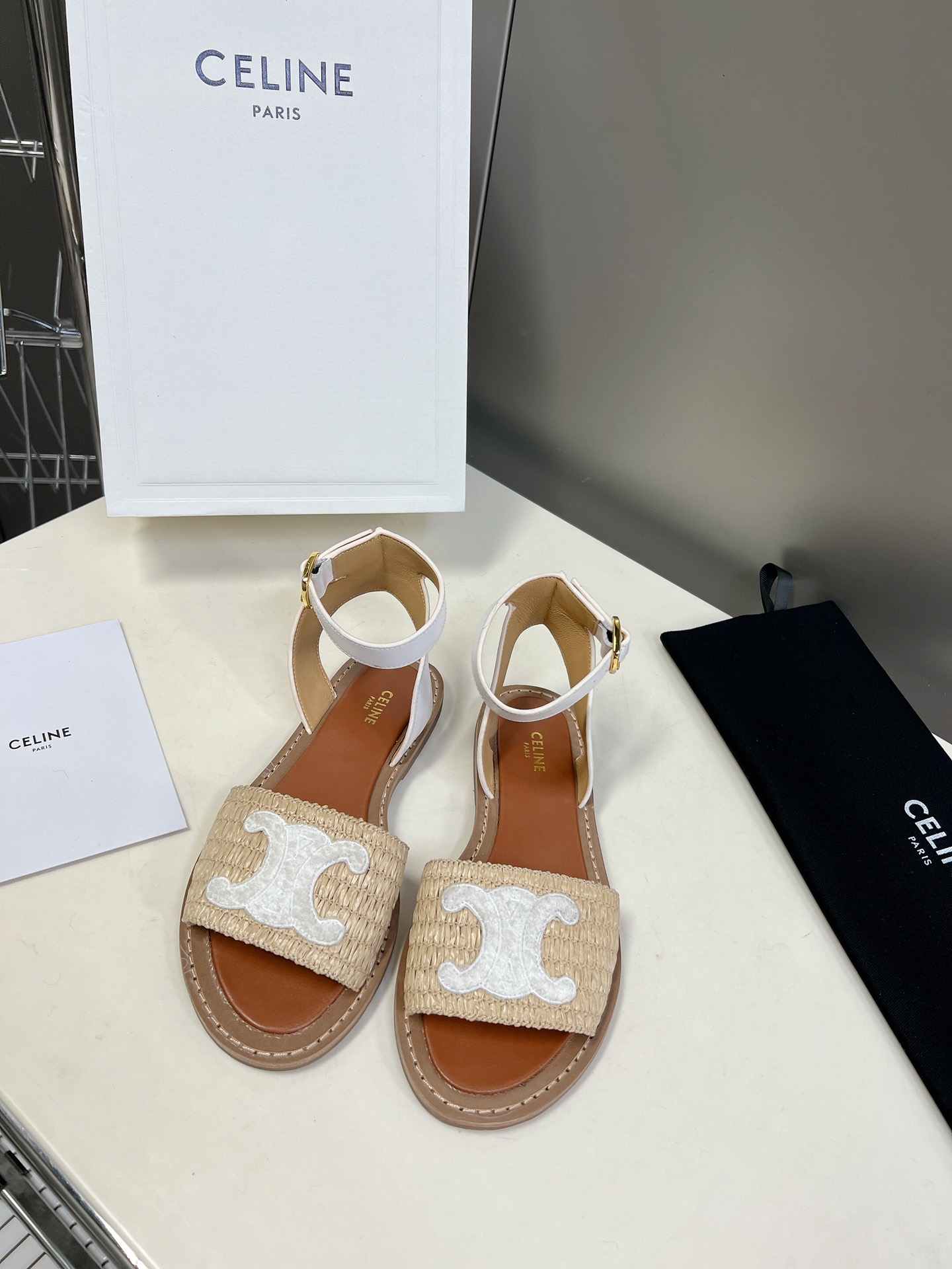Ce1i*e Lympia Flat Strap Sandal In Raffia White For Women 352402248C.02GH