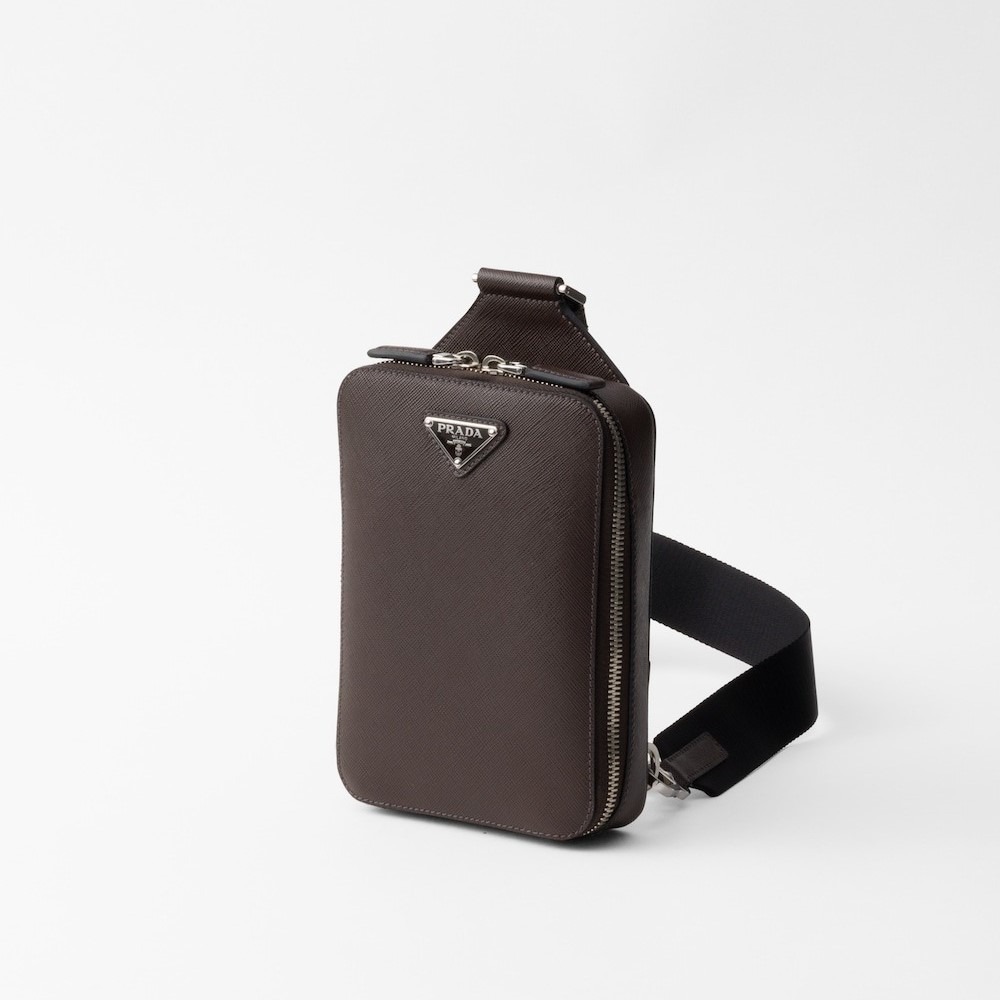 [True-to-ORIGINAL] Pra*a Pra*a Brique Saffiano Leather Bag Coffee For Men 5.5in/14cm 2VZ106_9Z2_F0201_V_OOO