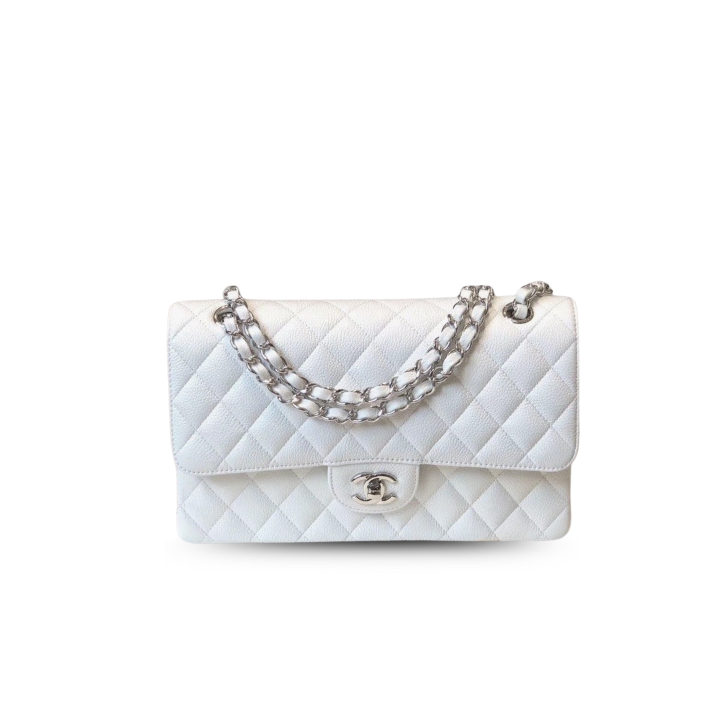 Ch**el Classic Medium Flapbag Silver Hardware White 10in/25.5cm