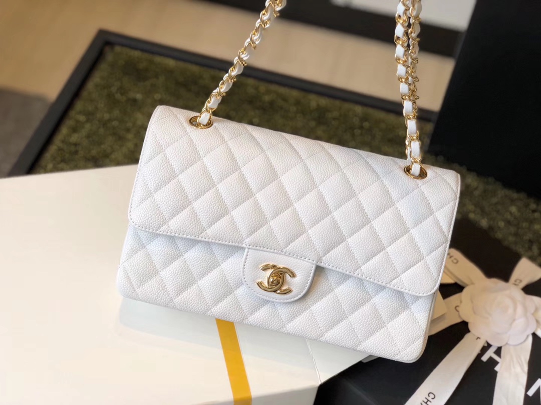 Ch**el Classic Medium Flapbag Golden Hardware White 10in/25.5cm