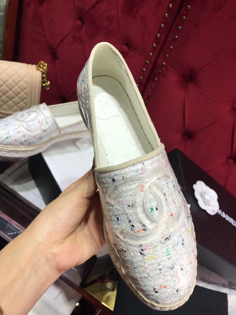Ch**el Tweed/PVC CC Logo Espadrilles White For Women, Women’s Shoes