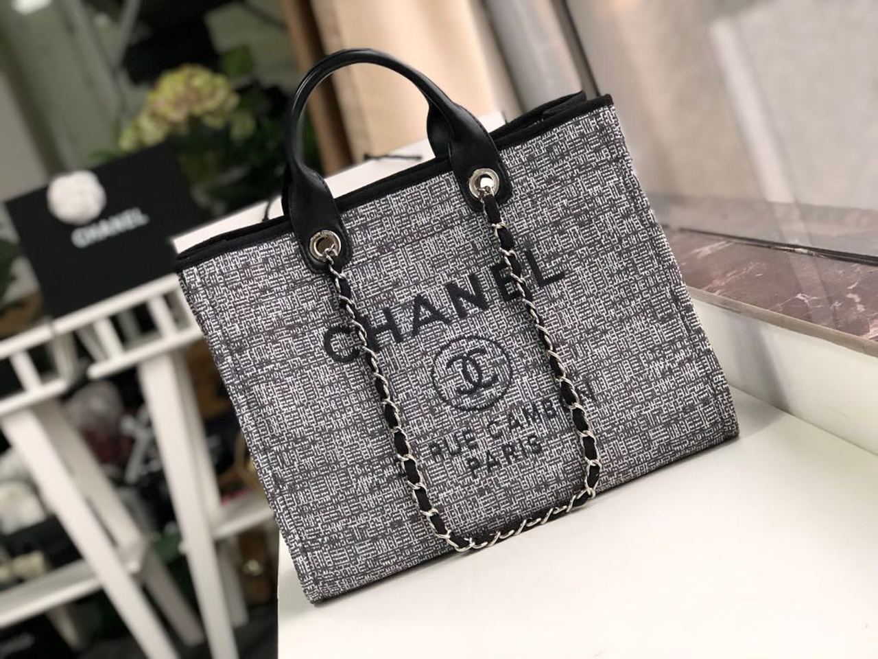 Ch**el Deauville Tote Raffia Canvas Bag Black/White For Women 14.9in/38cm