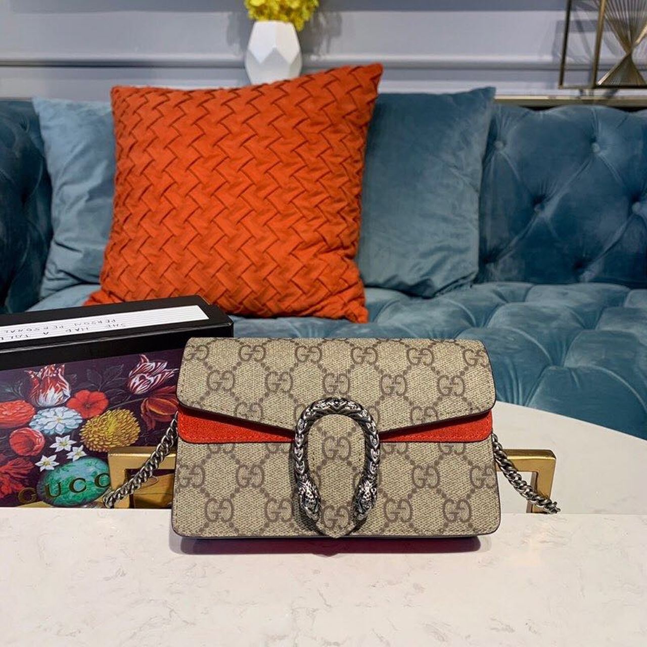 Gvc*1 Dionysus Svp*me S*per Mini Bag Beige/Ebony GG Svp*me Canvas Red Suede 6.5in/16.5cm GG 476432
