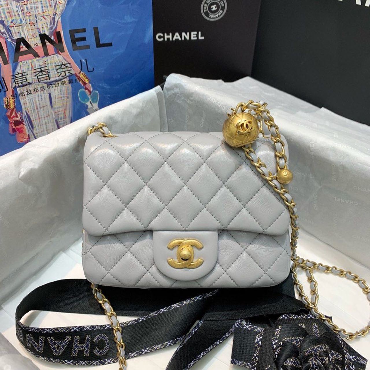 Ch**el Classic Flap With Charm Chain With CC Details On Strap Bag 17cm/7inch Gold Hardware Grey