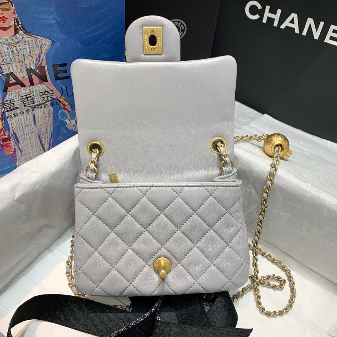 Ch**el Classic Flap With Charm Chain With CC Details On Strap Bag 17cm/7inch Gold Hardware Grey