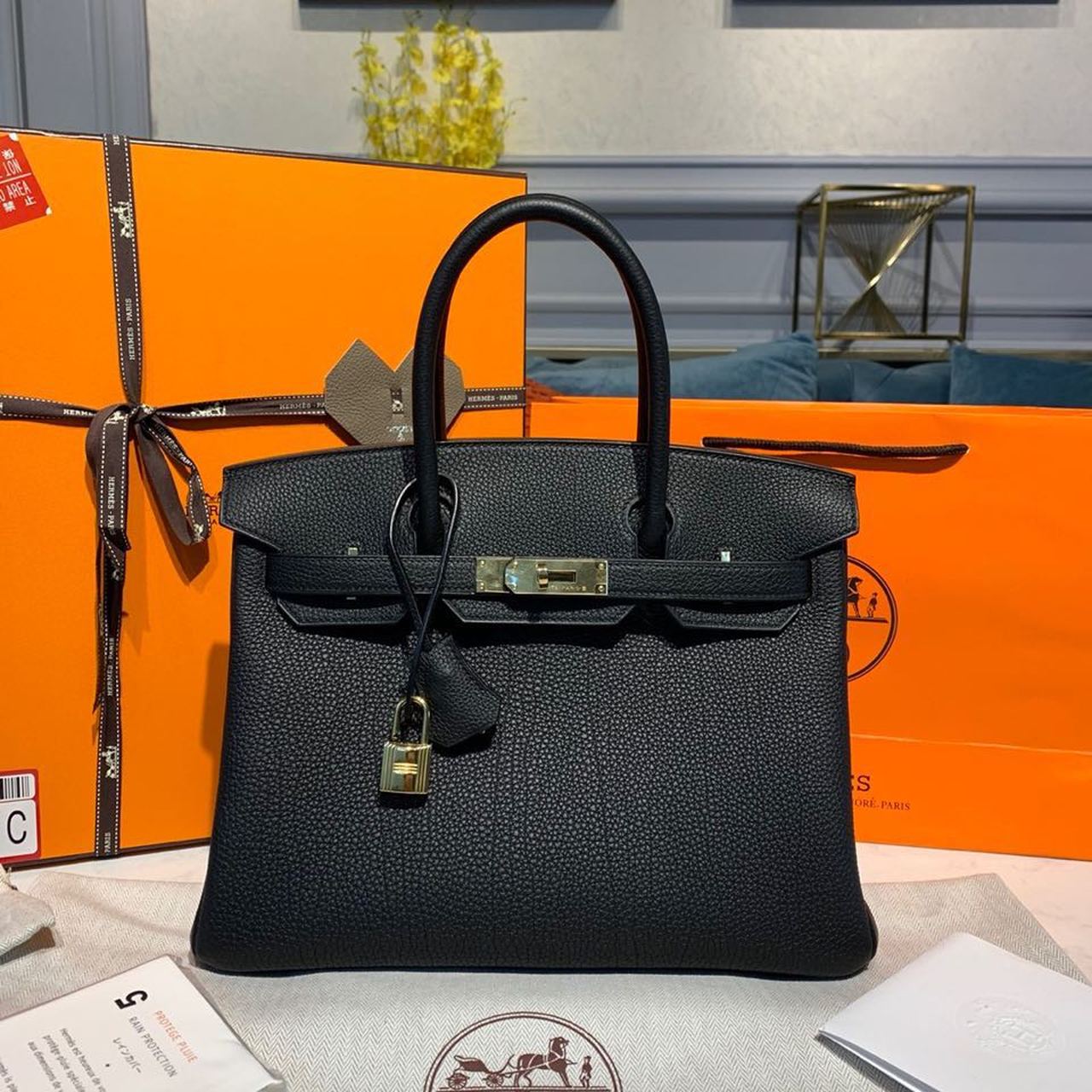 H**me5 Birkin Bag 30cm Gold Hardware Togo Leather Semi Handstitched  Noir CK89