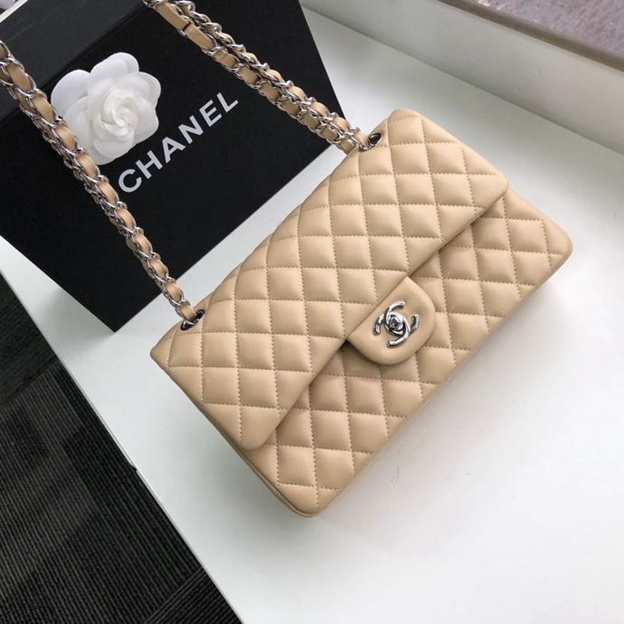 Ch**el Classic Handbag Silver Hardware Beige For Women, Women’s Bags, Shoulder And Crossbody Bags 10.2in/26cm A01112