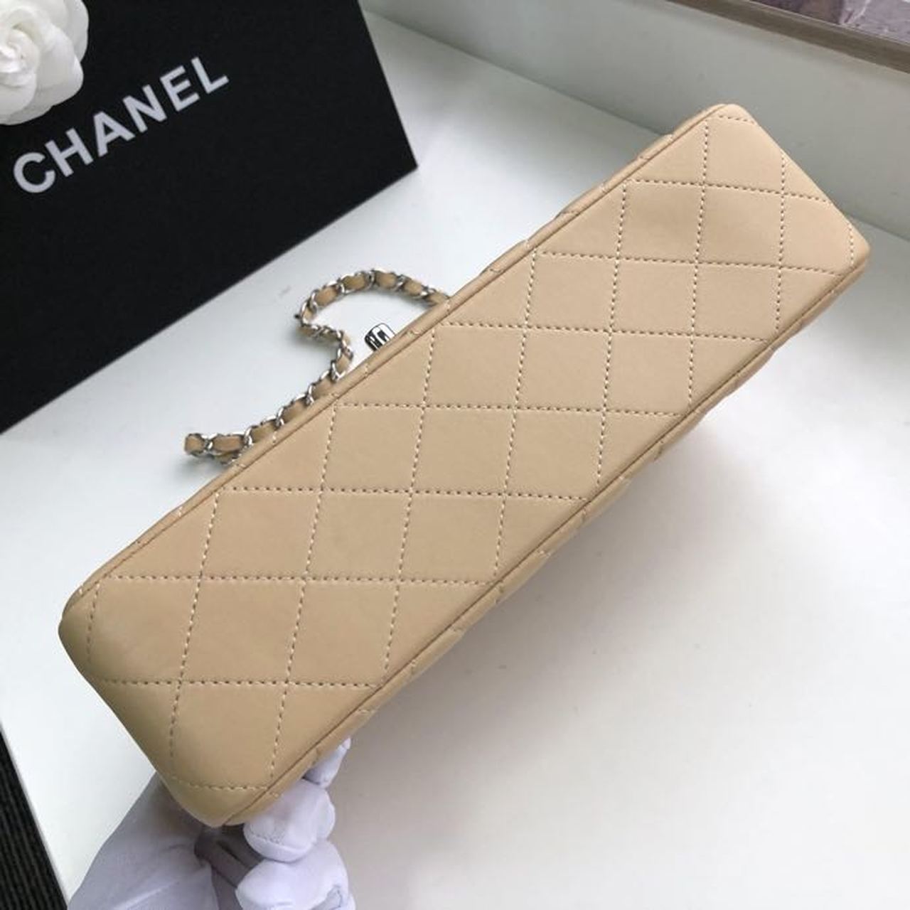 Ch**el Classic Handbag Silver Hardware Beige For Women, Women’s Bags, Shoulder And Crossbody Bags 10.2in/26cm A01112