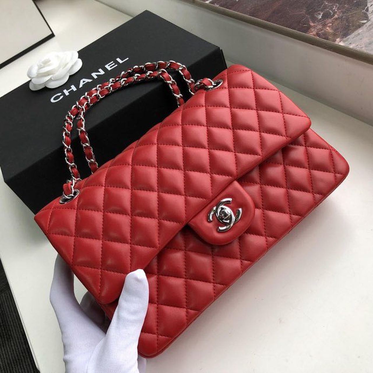 Ch**el Classic HandBag Red For Women 9.9in/25.5cm A01112