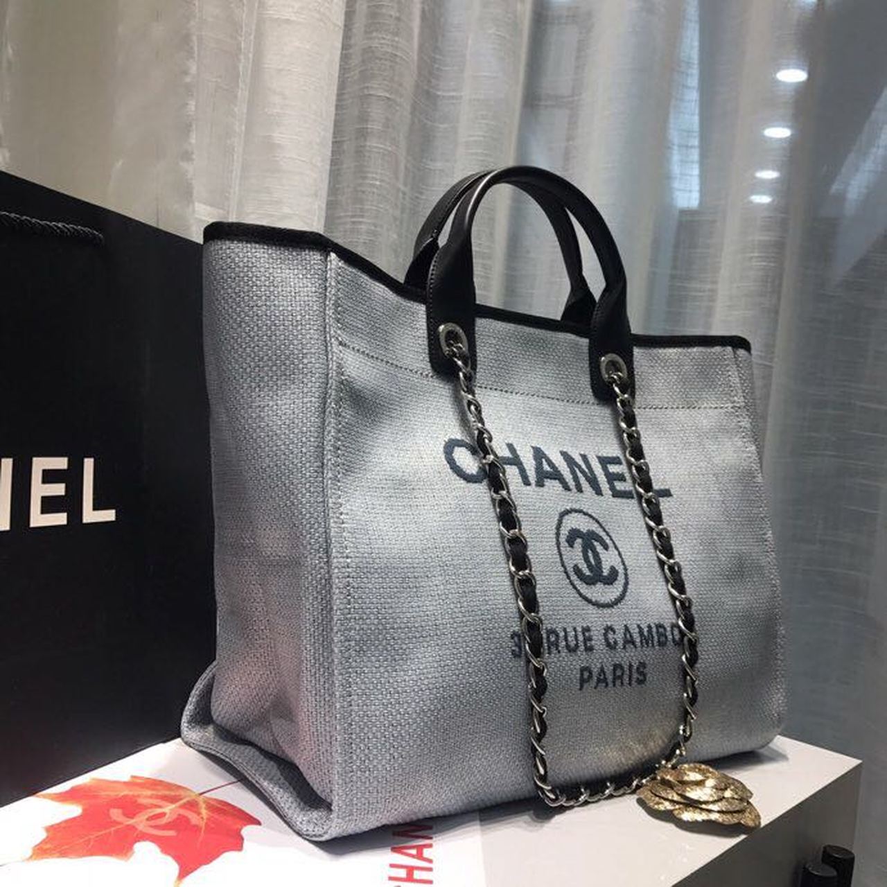 Ch**el Deauville Tote Canvas Bag Light Grey For Women, Women’s Handbags, Shoulder Bags 15in/38cm A66941