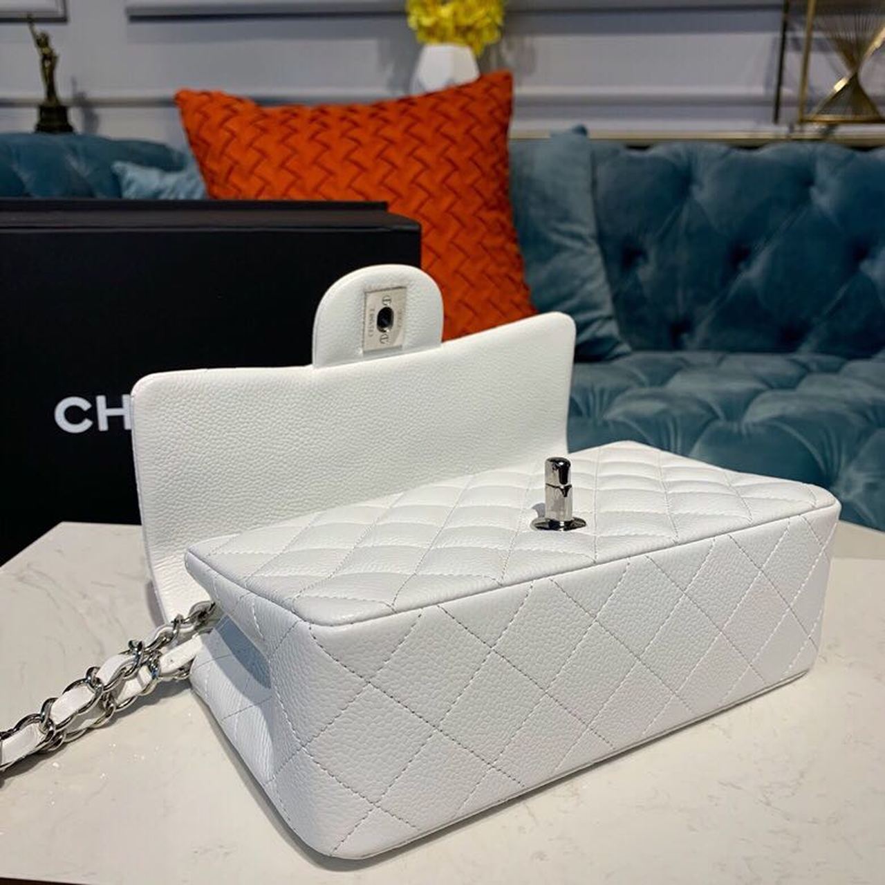 Ch**el Small Classic Handbag Silver Hardware White For Women, Women’s Bags, Shoulder And Crossbody Bags 7.9in/20cm A01113