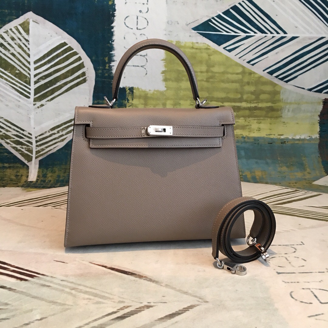 H**me5 Kelly 25 Sellier Epsom Gris Asphalt Bag For Women Silver Toned Hardware, Women’s Handbags, Shoulder Bags 10in/25cm