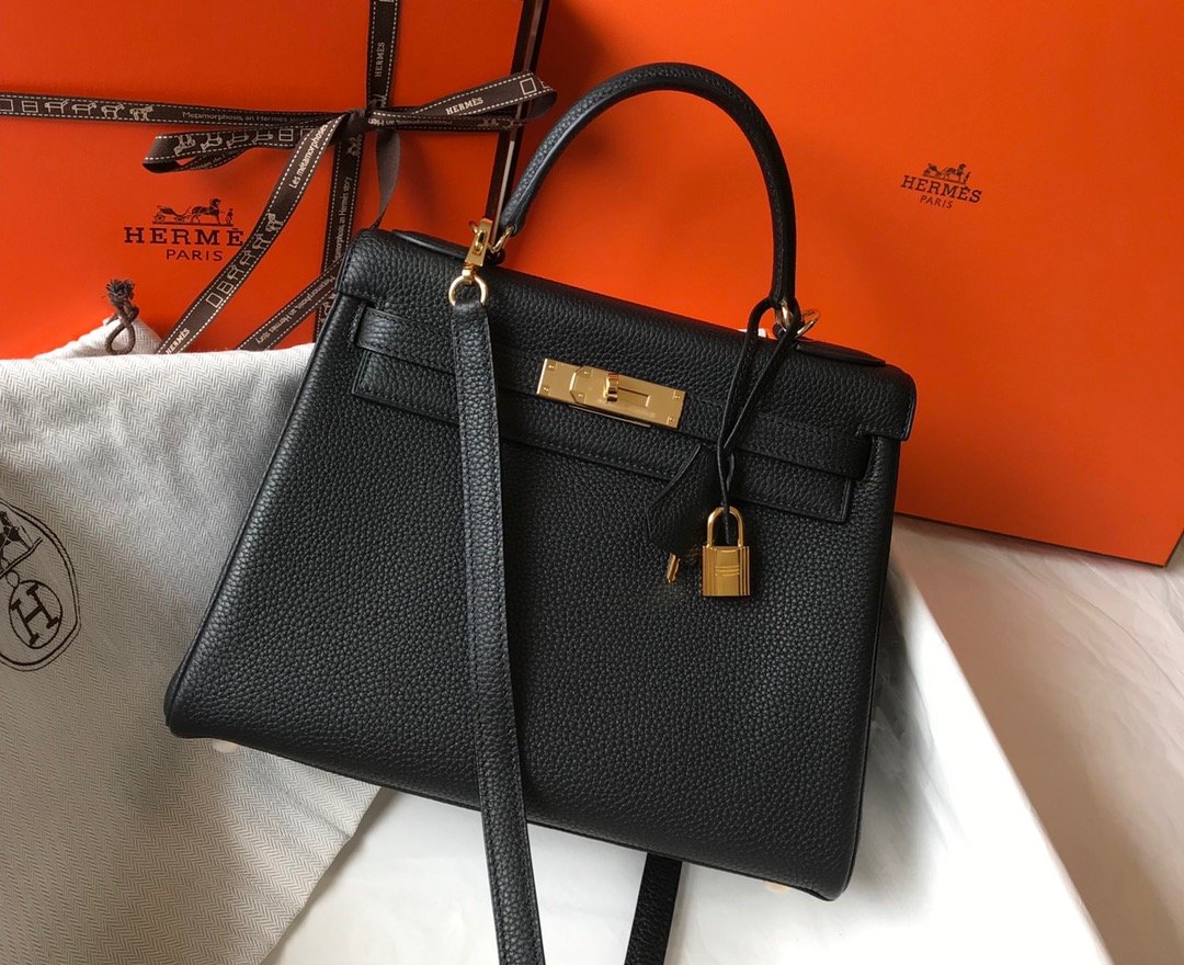 H**me5 Kelly 28 Retourne Togo Black Bag For Women, Women’s Handbags, Shoulder Bags 11in/28cm
