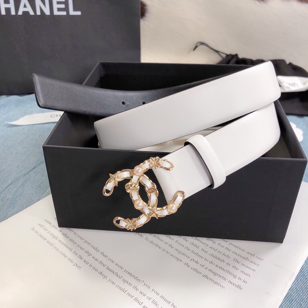 Ch**el Belt With Double C Buckle White Gold Toned Hardware Women Belt