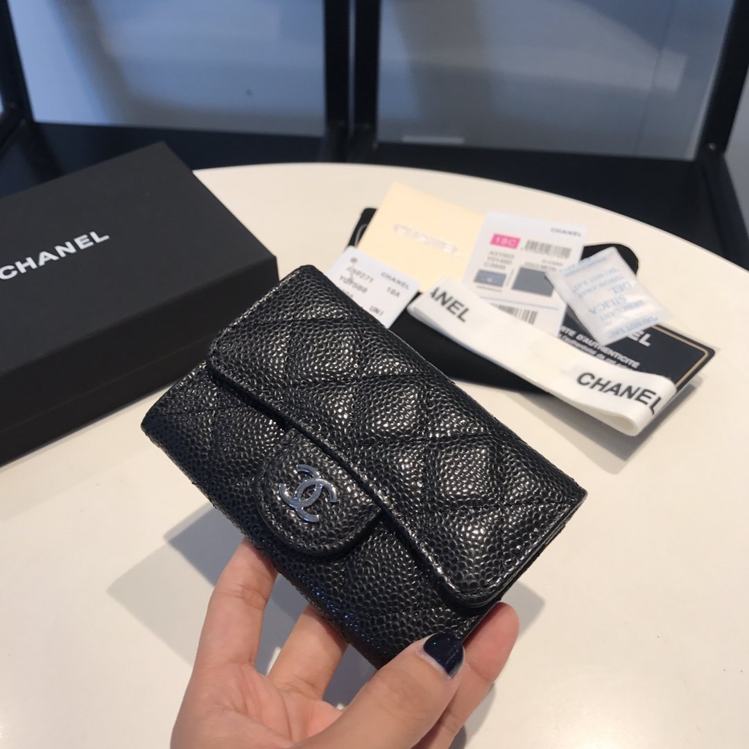Ch**el Classic Card Holder Silver Hardware Black For Women, Women’s Wallet 4.5in/11.5cm