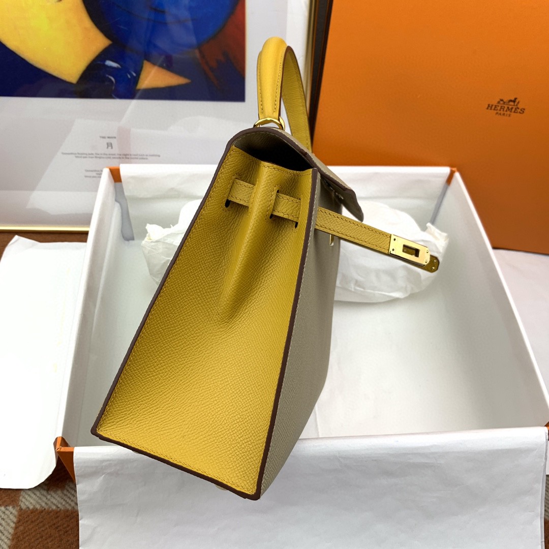 H**me5 Kelly 25 Sellier Epsom Greige/Yellow Bag For Women, Women’s Handbags, Shoulder Bags 10in/25cm