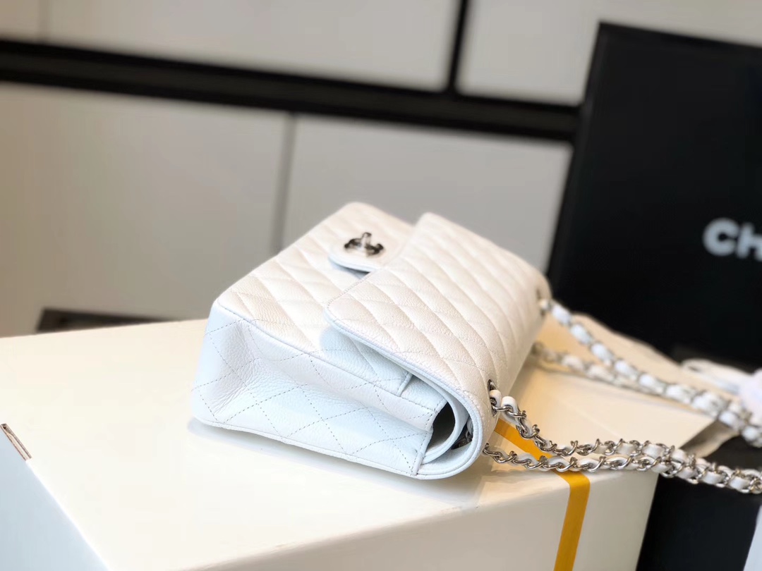 Ch**el Classic Medium Flapbag Silver Hardware White 10in/25.5cm