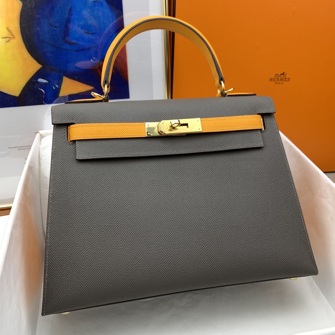 H**me5 Kelly 28 Sellier Epsom Dark Grey/Yellow Bag For Women, Women’s Handbags, Shoulder Bags 11in/28cm