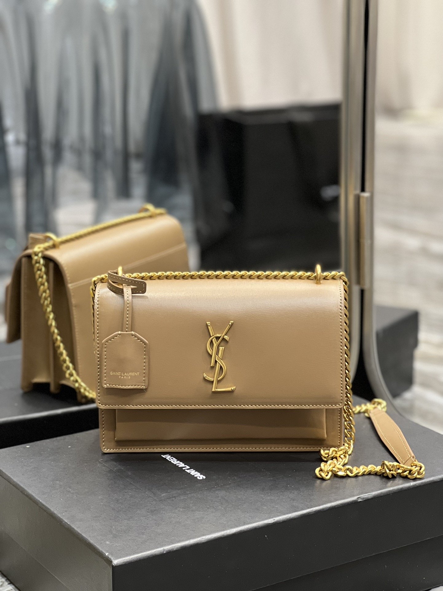 Sa1nt Lau*nt Sunset Medium Chain Bag For Women 8.6in/22cm Dark Beige Y51 442906D420W2721