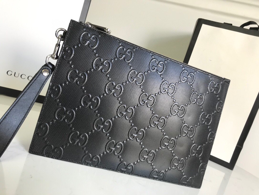 Gvc*1 GG Embossed Pouch Black For Men, Men’s Pouch 12in/31cm GG 625569 1W3AN 1000