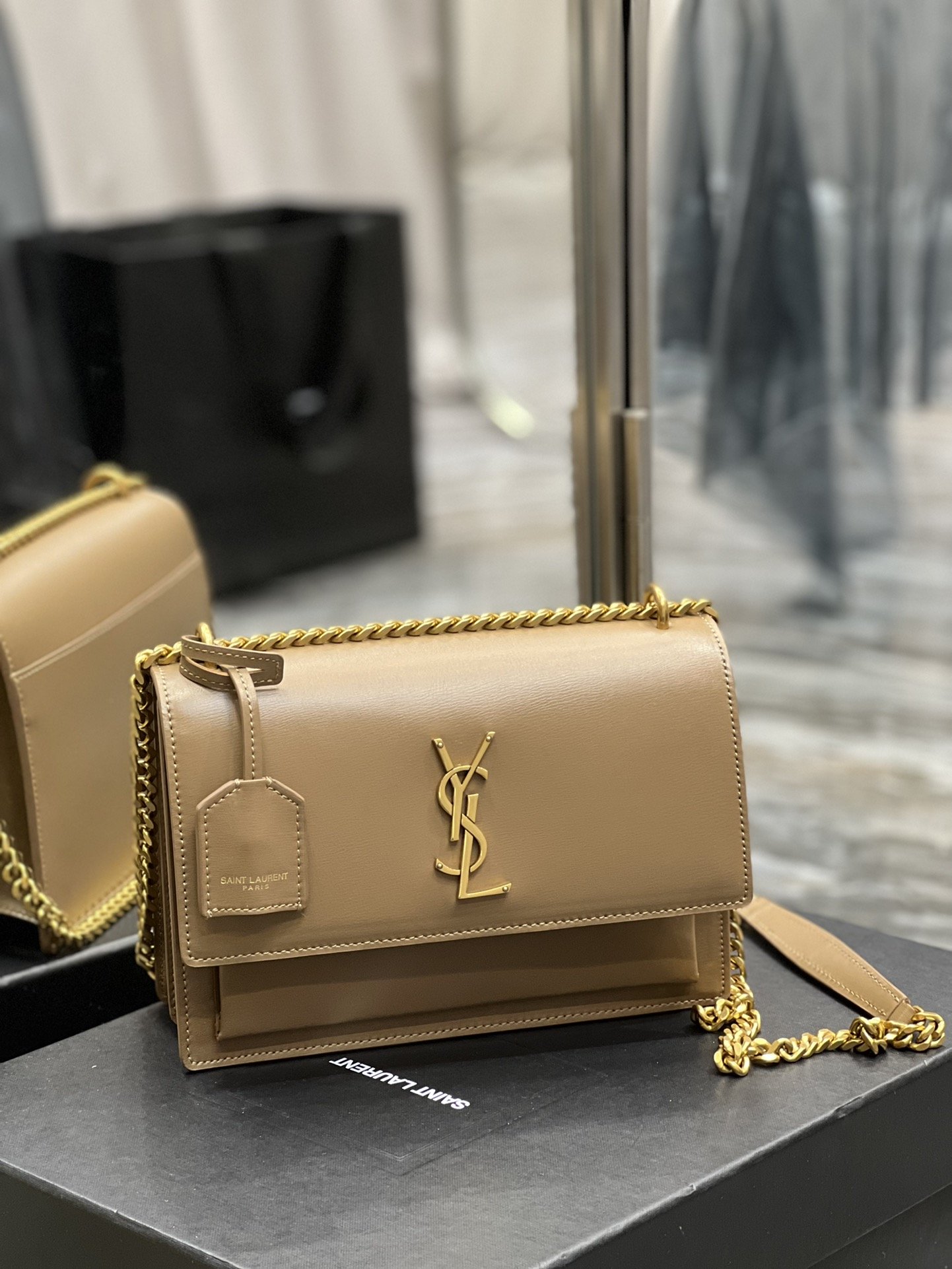 Sa1nt Lau*nt Sunset Medium Chain Bag For Women 8.6in/22cm Dark Beige Y51 442906D420W2721