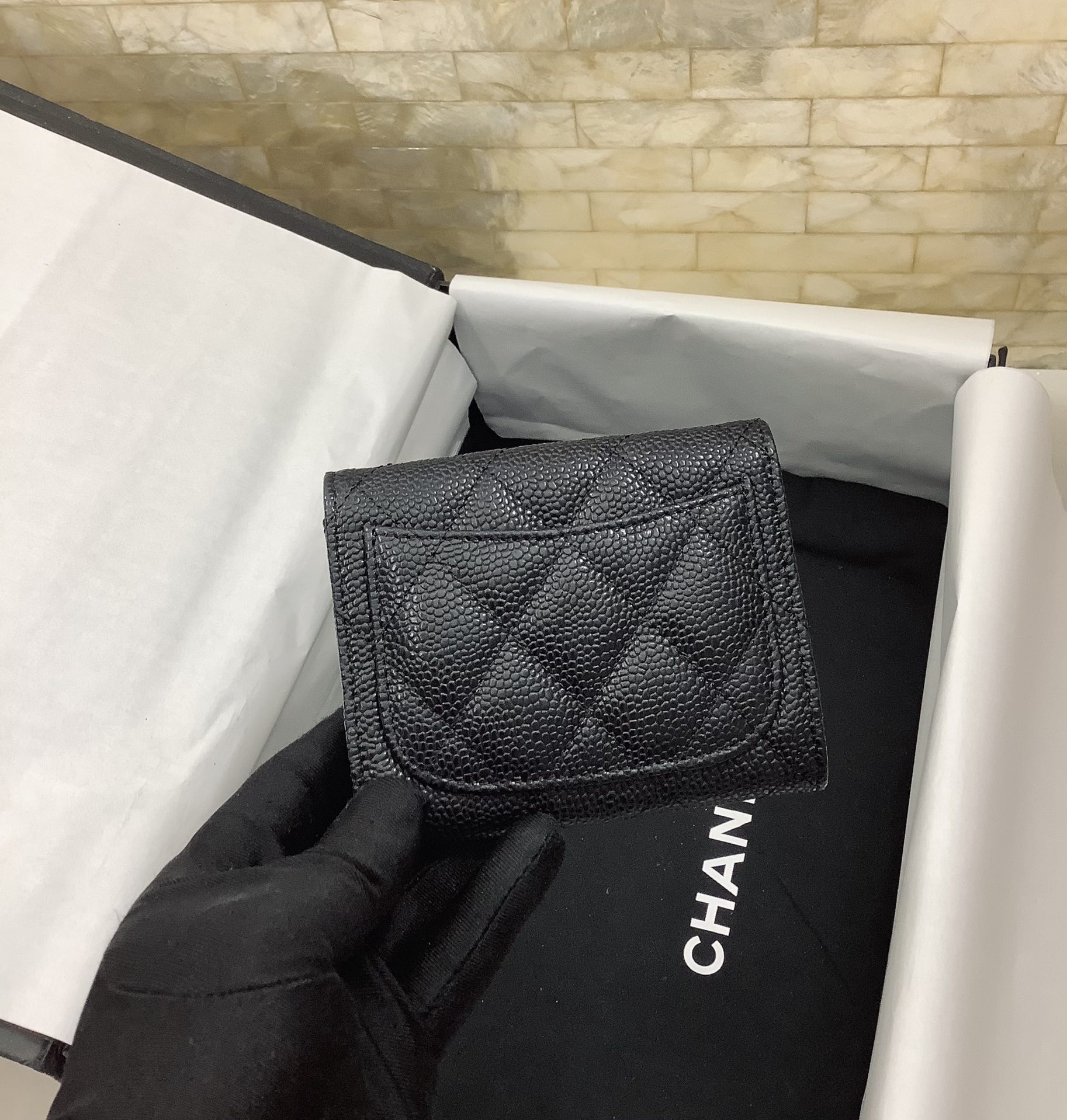 Ch**el CO-CO Classic Card Holder 11cm/4.4in Silver Hardware For Women Black AP0214 Y01480 C3906