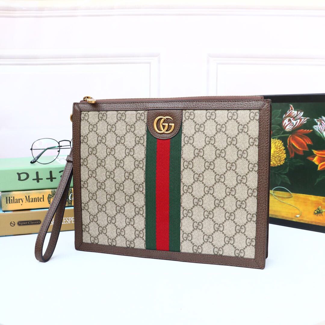 Gvc*1 Ophidia Pouch With Web Beige And Ebony GG Svp*me Canvas For Men 9in/24cm GG ‎672989 96IWT 8745