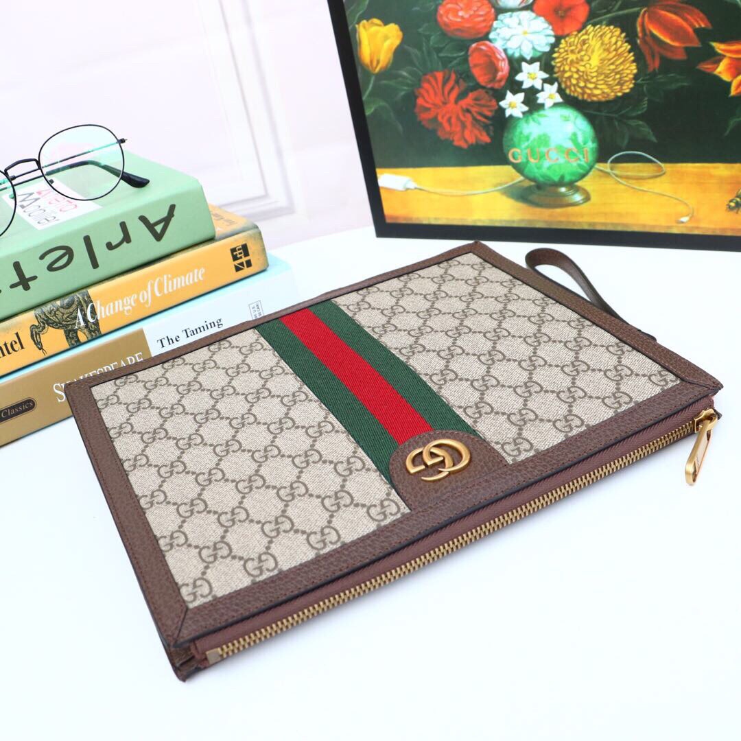 Gvc*1 Ophidia Pouch With Web Beige And Ebony GG Svp*me Canvas For Men 9in/24cm GG ‎672989 96IWT 8745