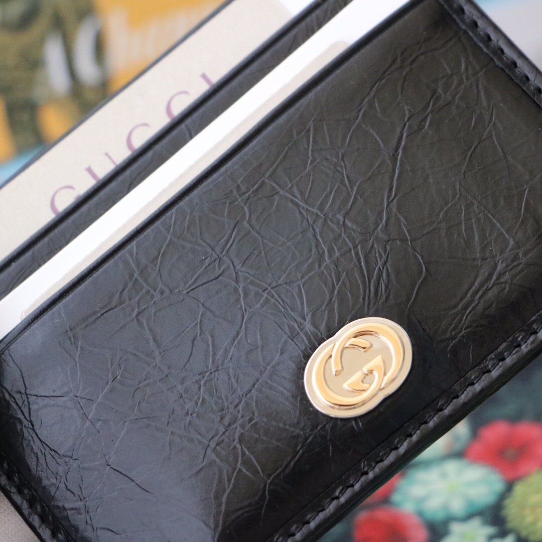 Gvc*1 Card Case with Interlocking G Plain Black For Men 4in/10cm GG