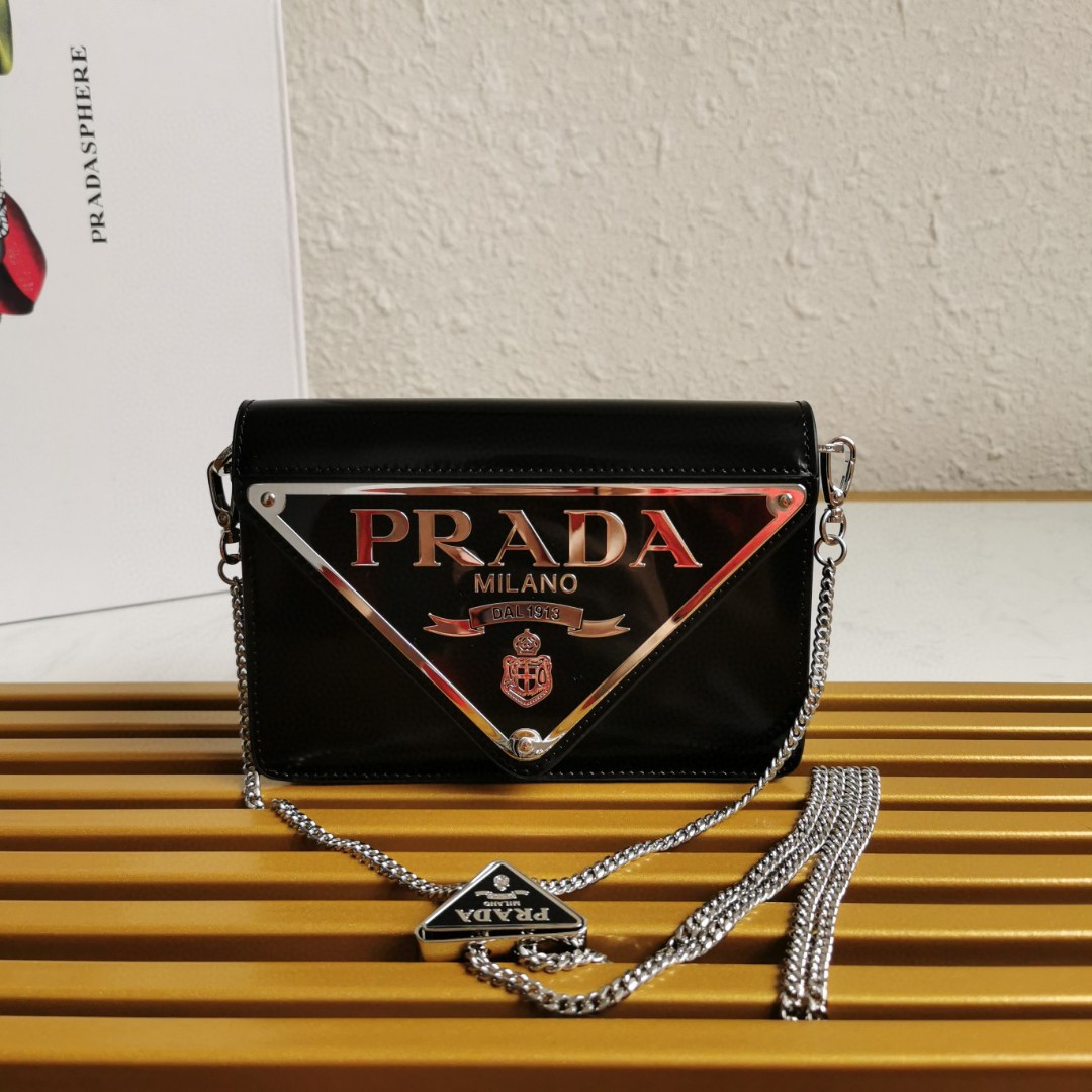 Pra*a Brushed Shoulder Bag Black For Women, Women’s Bags 6.7in/17cm