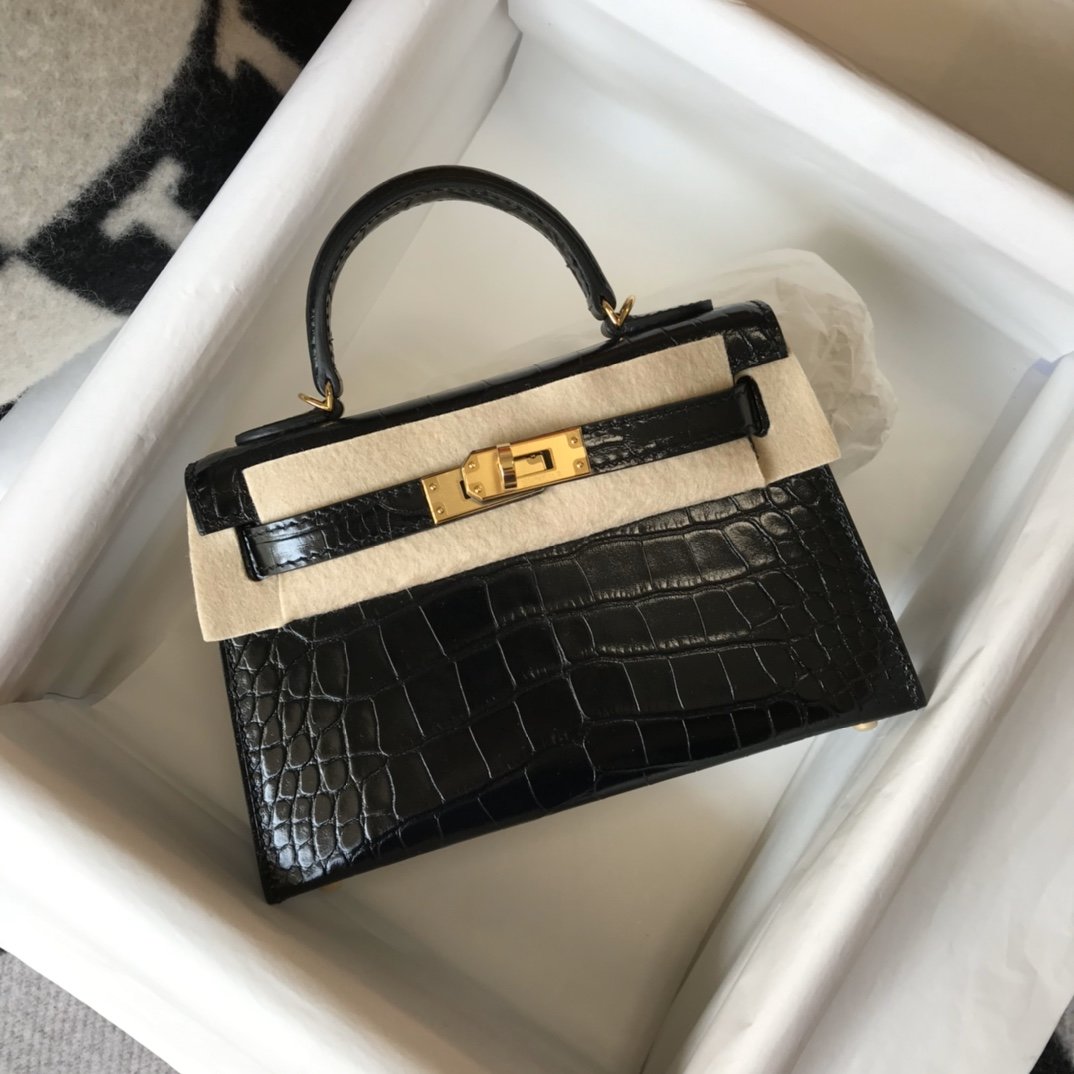 H**me5 Kelly Black For Women Gold Toned Hardware 7.8in/20cm