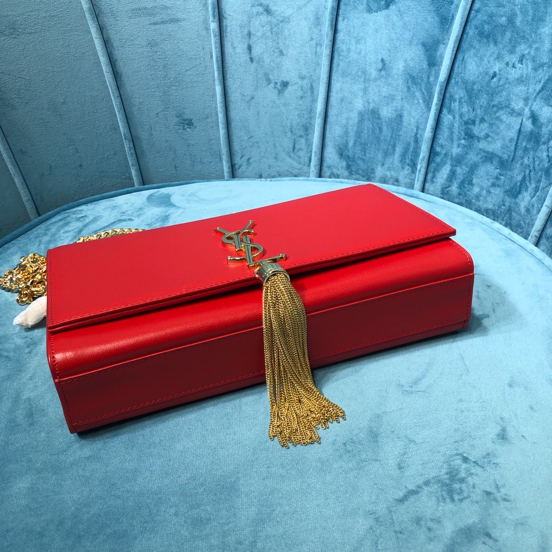 Sa1nt Lau*nt Kate Medium Chain Bag With Tassel In Grain De Poudre Red For Women 9.4in/24cm Y51