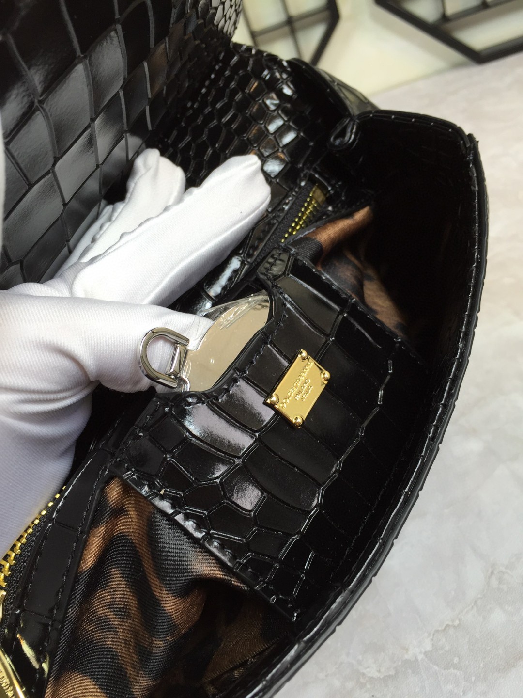 Dolce & Gabbana Medium Sicily Bag In Foiled Crocodile-Print Black For Women 10.2in/26cm DG