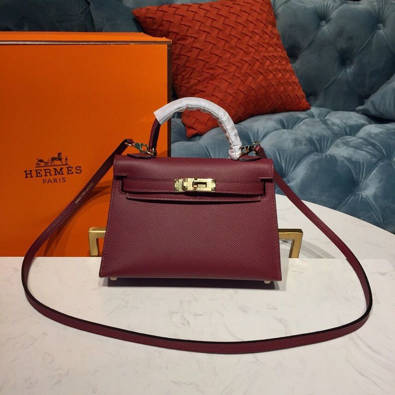 H**me5 Mini Kelly Burgundy For Women Gold Toned Hardware 7.5in/19cm